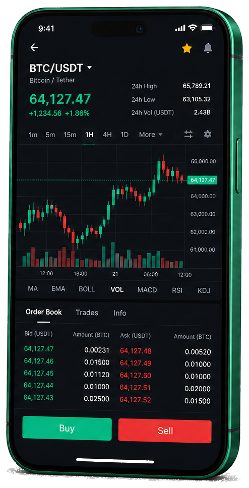 Plataforma Apice Nexcore para trading móvel — gráfico ao vivo BTC/USDT, livro de ordens e painel de compra e venda
